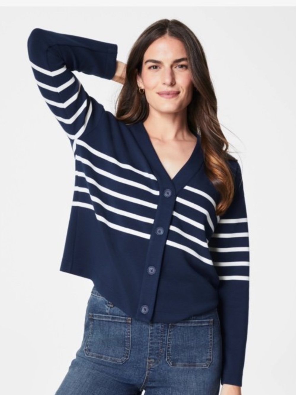 SPANX Air Essentials Stripe Cardigan in Navy Porcelain Size small- SPANX Top